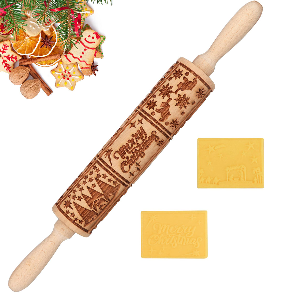 XINBADA Christmas Nativity Embossed Rolling Pin - Perfect Christmas Baking Supplies for Cookie Decorating,Wooden Rolling Pin for Cookies & Pastries,Christmas Theme Cookie Mold XINBADA