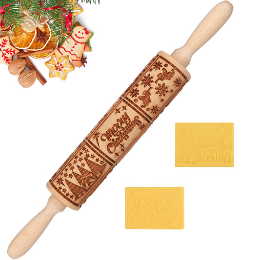 XINBADA Christmas Nativity Embossed Rolling Pin - Perfect Christmas Baking Supplies for Cookie Decorating,Wooden Rolling Pin for Cookies & Pastries,Christmas Theme Cookie Mold