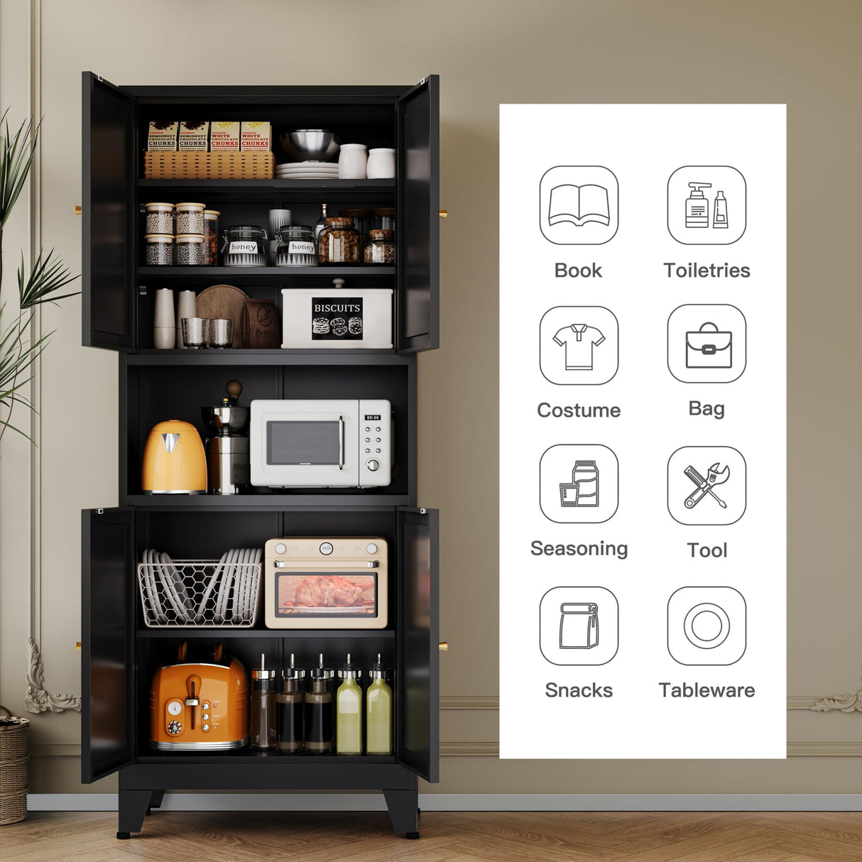 YAUWOH 69''Metal Pantry Storage Cabinet with 4 Doors & 3 Adjustable Shelves,Kitchen Pantry Cabinet with Microwave Shelf,Microwave Stand with Storage for Kicthen,Dining Room,Bathroom Black YAUWOH