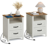 VASAGLE LIRY Collection - Farmhouse Nightstands with Charging Station, Set of 2 Bedside Tables, Side Tables with 2 Drawers, Open Compartment, for Bedroom, Rustic White and Honey Brown ULET869W01 VASAGLE