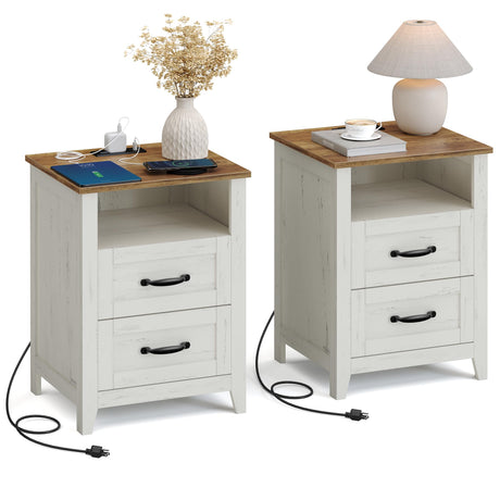 VASAGLE LIRY Collection - Farmhouse Nightstands with Charging Station, Set of 2 Bedside Tables, Side Tables with 2 Drawers, Open Compartment, for Bedroom, Rustic White and Honey Brown ULET869W01 VASAGLE