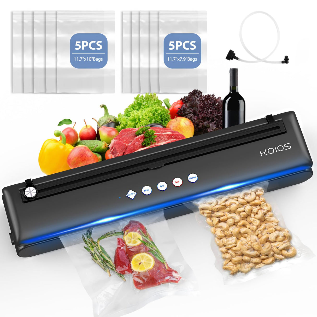 KOIOS Vacuum Sealer Machine, Automatic Food Sealer with Cutter, Dry & Moist Modes, Compact Design Powerful Suction Air Sealing System with 10 Sealing Bags & Air Suction Hose KOIOS