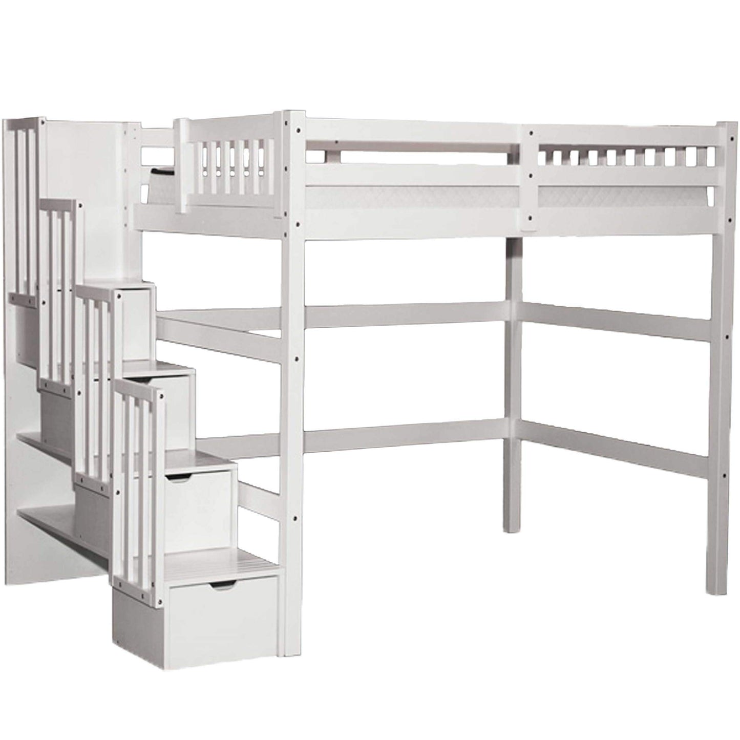 SCANICA Full Loft Bed with Unique Stairway and Storage in White Solid Wood - WoodArtSupply