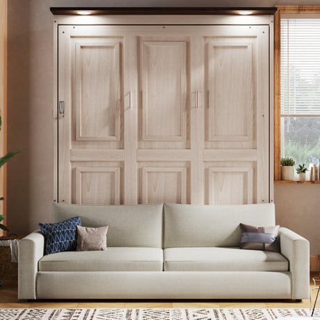 KALALLA Queen Size Murphy Cabinet Bed with Upholstered Sofa Couch and LED, Horizontal Foldable Murphy Bed with Headboard, Space Saving, Kids Boys Girls Adults, Beige ﻿ KALALLA