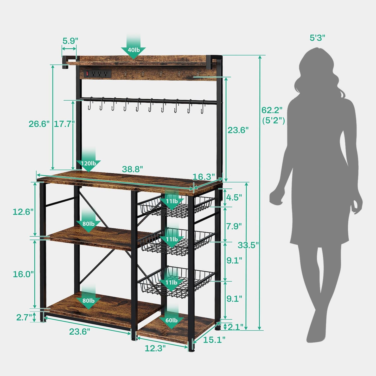 Kalrin Large Bakers Rack with Power Outlets 38.8 Inches, 15 Hooks Coffee Bar with 3 Wire Basket, Microwave Stand Kitchen Storage Shelf for Spices, Cups, Pots, 38.8 x 16.3 x 62.2 in, Rustic Brown