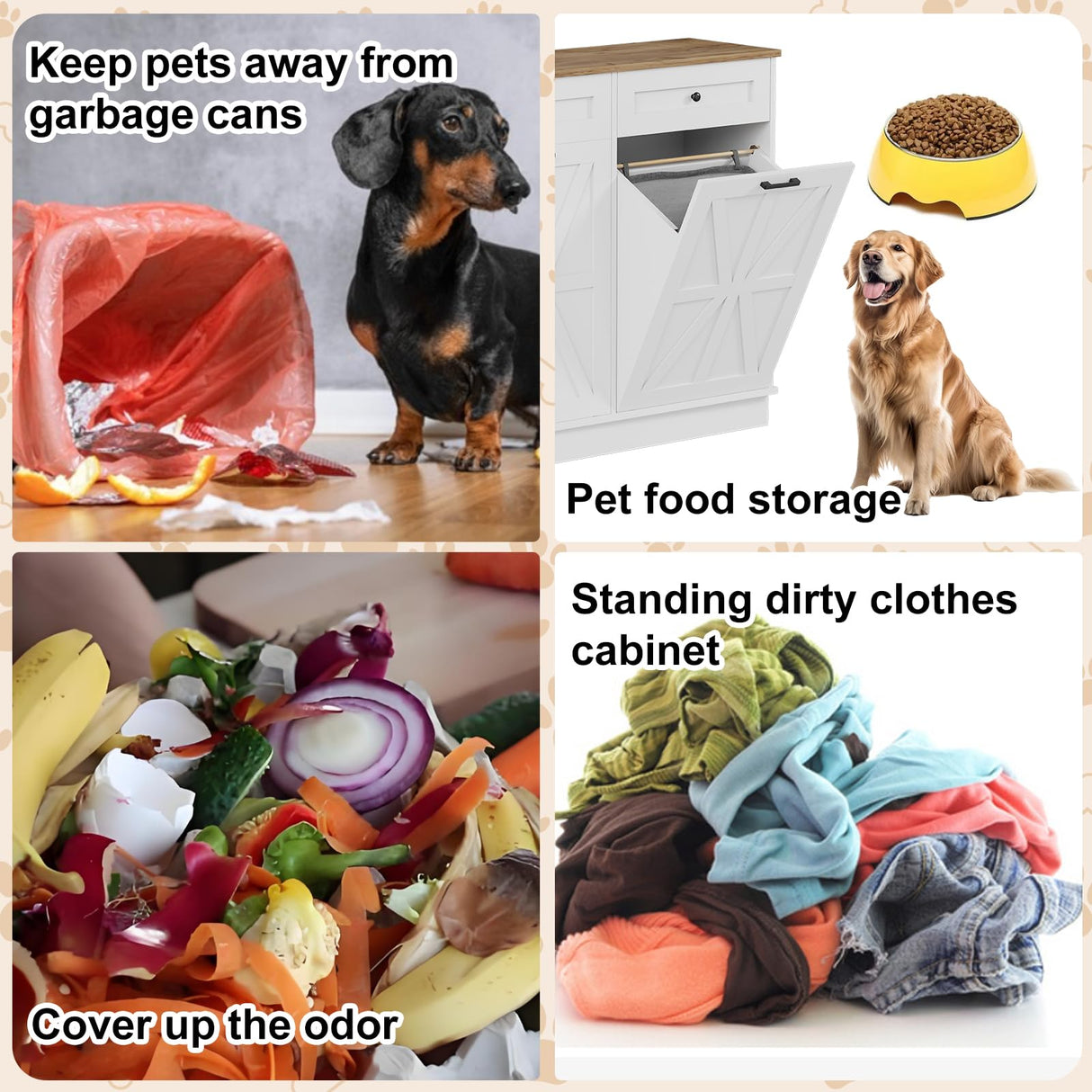 Double Tilt Out Trash Cabinet 20 Gallon,Hidden Wooden Trash Can Cabinet, Farmhouse Laundry Hamper Cabinet with Solid Wood Tabletop & Drawer, Pet Proof Trash Can, Wood Laundry Cabinet GarveeHome