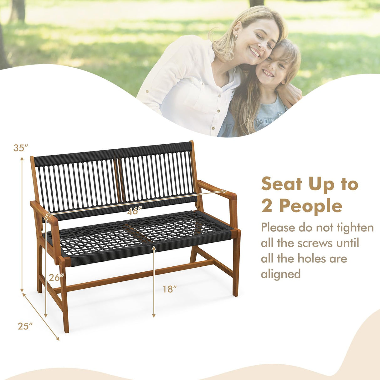 Tangkula Acacia Wood Outdoor Bench with Breathable Rope, 2-Person All-Weather Patio Seating Tangkula