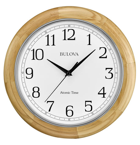 Bulova C5005 Wooden Atomic Analog Wall Clock | Automatically Sets Time | Large Roman Numerals | Battery Operated | Traditional Design Bulova