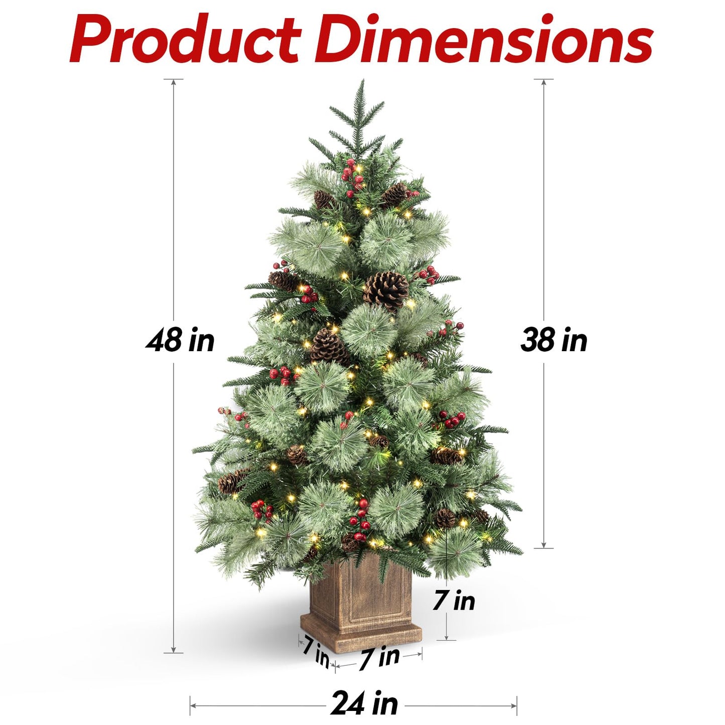 Jin&Bao 4FT Potted Christmas Tree with 100 Lights, Artificial Christmas Tree Outdoor Decor 8 Mode Timer Waterproof with Long Pine Cones & Red Berries for Front Door, Porch, 2 Pack