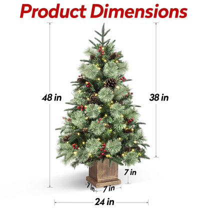 Jin&Bao 4FT Potted Christmas Tree with 100 Lights, Artificial Christmas Tree Outdoor Decor 8 Mode Timer Waterproof with Long Pine Cones & Red Berries for Front Door, Porch, 2 Pack