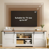 oneinmil 66” Farmhouse TV Stand, Modern Rustic Entertainment Center with Sliding Barn Door and Storage Cabinets, Metal Media TV Console with Set of Shelf for TVs up to 75”, White oneinmil