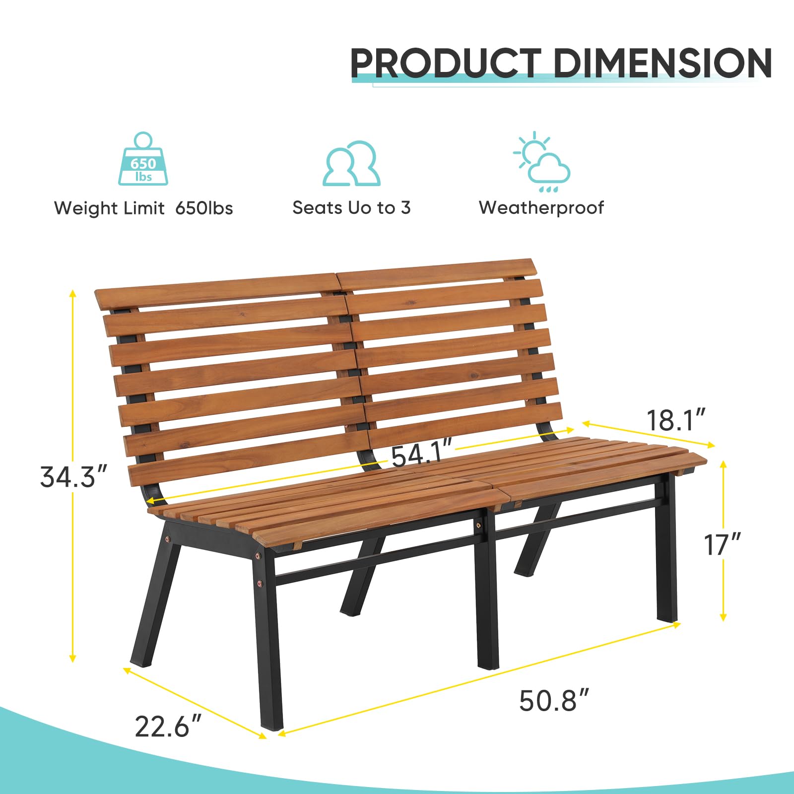 Elegant Acacia Wood Outdoor Bench – 54-Inch Armless Design with Steel Frame for Garden, Porch, and Patio - WoodArtSupply