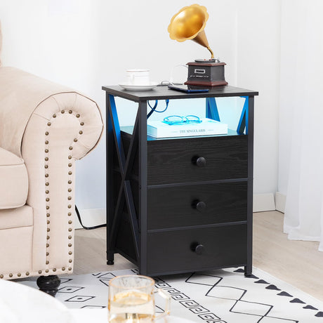 AMHANCIBLE Night Stand Set 2, LED Nightstand with Charging Station, End Side Tables with USB Port & Outlet, Bedside Table with Fabric Drawers for Bedroom Living Room, Black, HET053LBK AMHANCIBLE