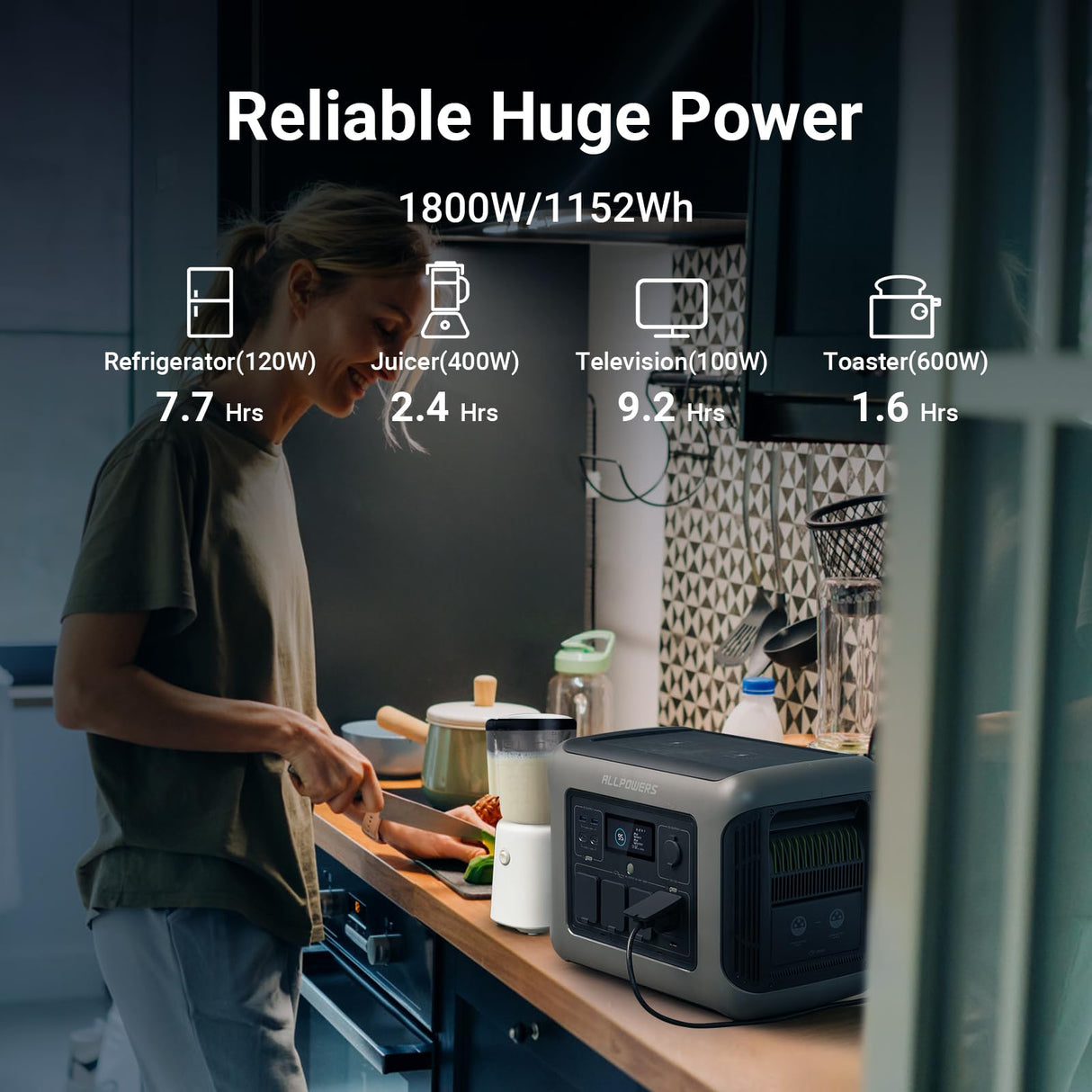 ALLPOWERS R1500 Portable Power Station, 1152Wh LiFePO4 Battery Backup w/ 4 1800W (3000W Peak) AC Outlets, 0-80% in 40 Min, 43dB UPS Solar Generator for Camping, Party, RV, Home Use ALLPOWERS
