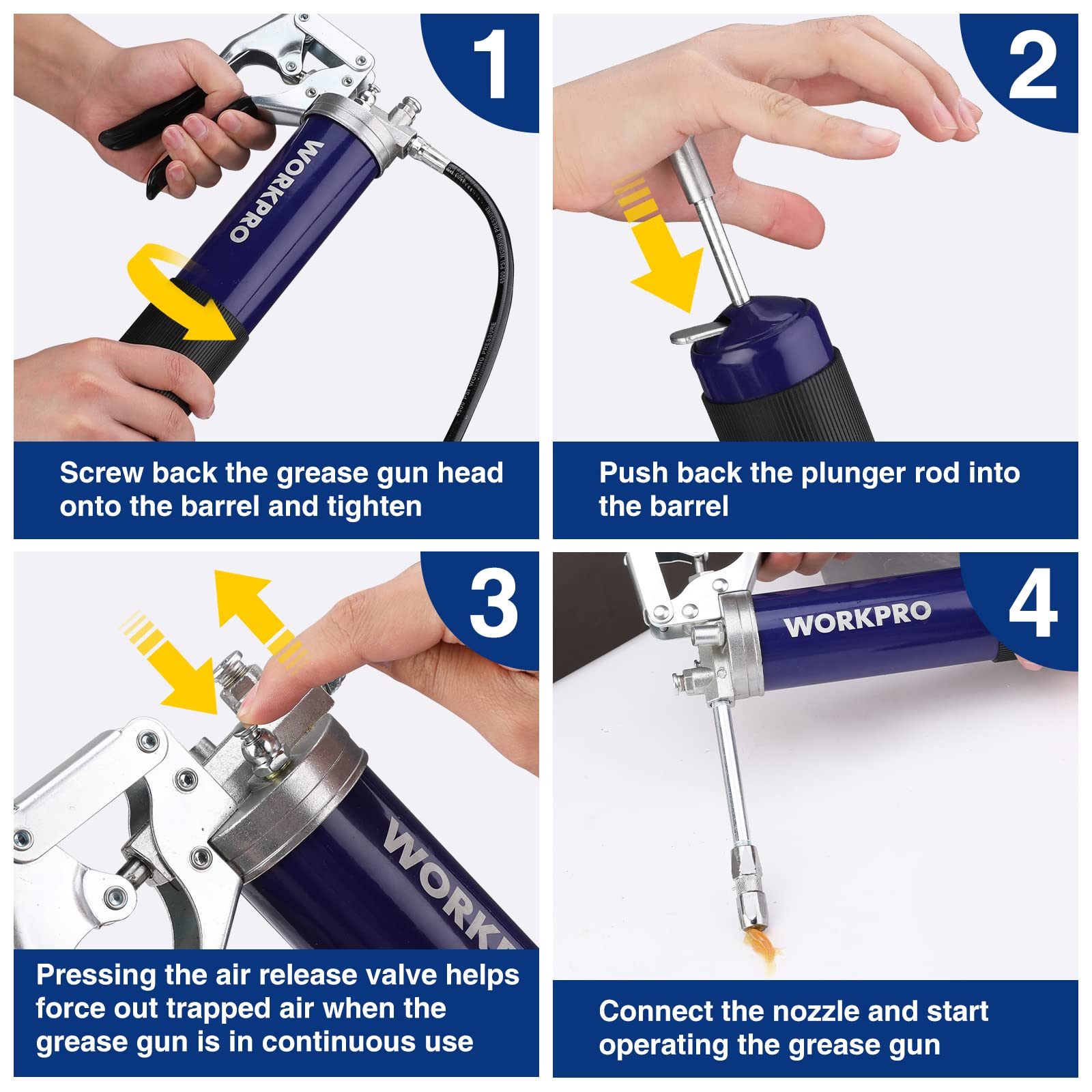 WORKPRO Grease Gun Kit, 6000PSI Heavy Duty Grease Gun with 18inch Flexible Hose, 2 Fixed Tubes and 3 Nozzles, 14oz Load - WoodArtSupply