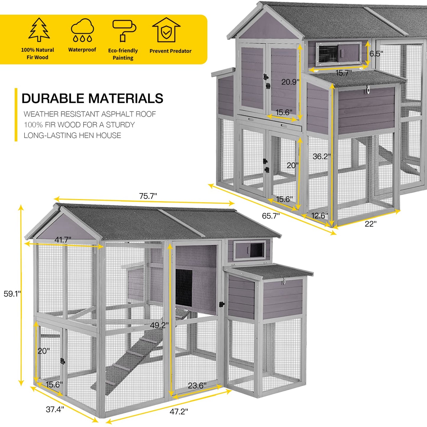 Chicken Coop 75.7" Large Hen House Wooden Multi-Level Poultry Cage with Run Nesting Box,6-10 Chickens - WoodArtSupply