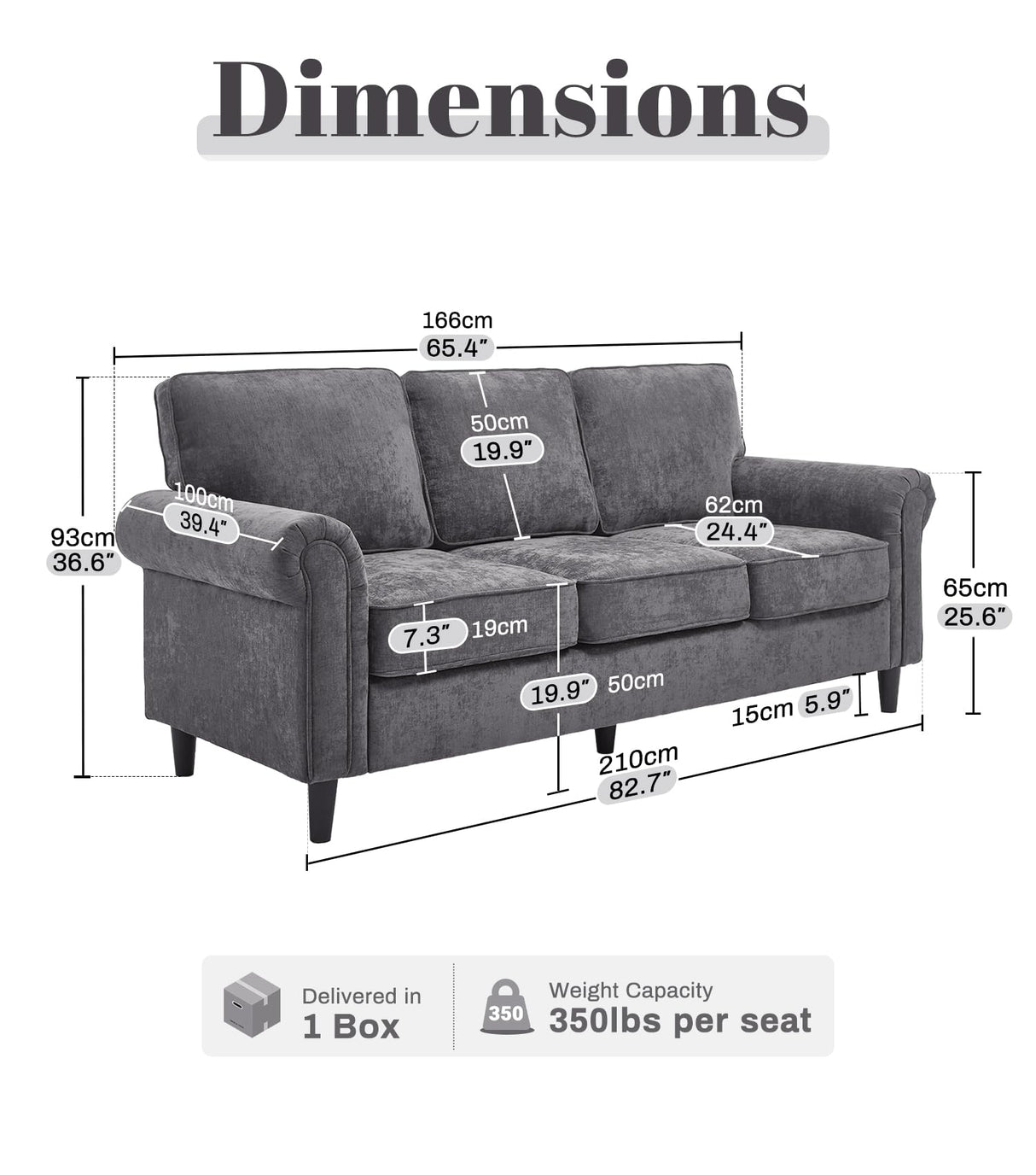 Kingfun 3 Seater Couch, Mid Century Modern Sofa with Rolled Arms and Deep Seats, Fluffy Comfort for Living Room, Apartment, Easy Assembly, Gray Kingfun
