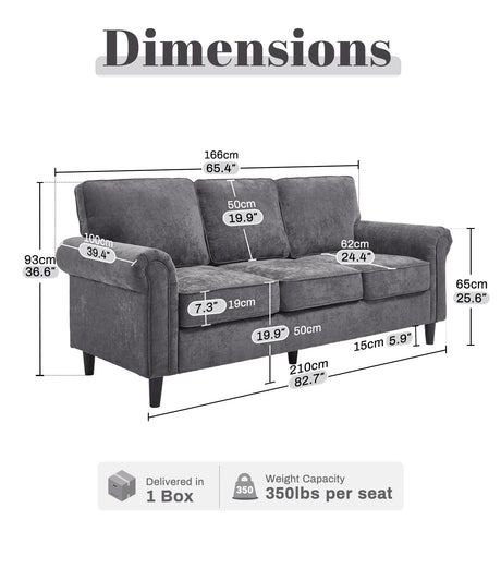 Kingfun 3 Seater Couch, Mid Century Modern Sofa with Rolled Arms and Deep Seats, Fluffy Comfort for Living Room, Apartment, Easy Assembly, Gray Kingfun