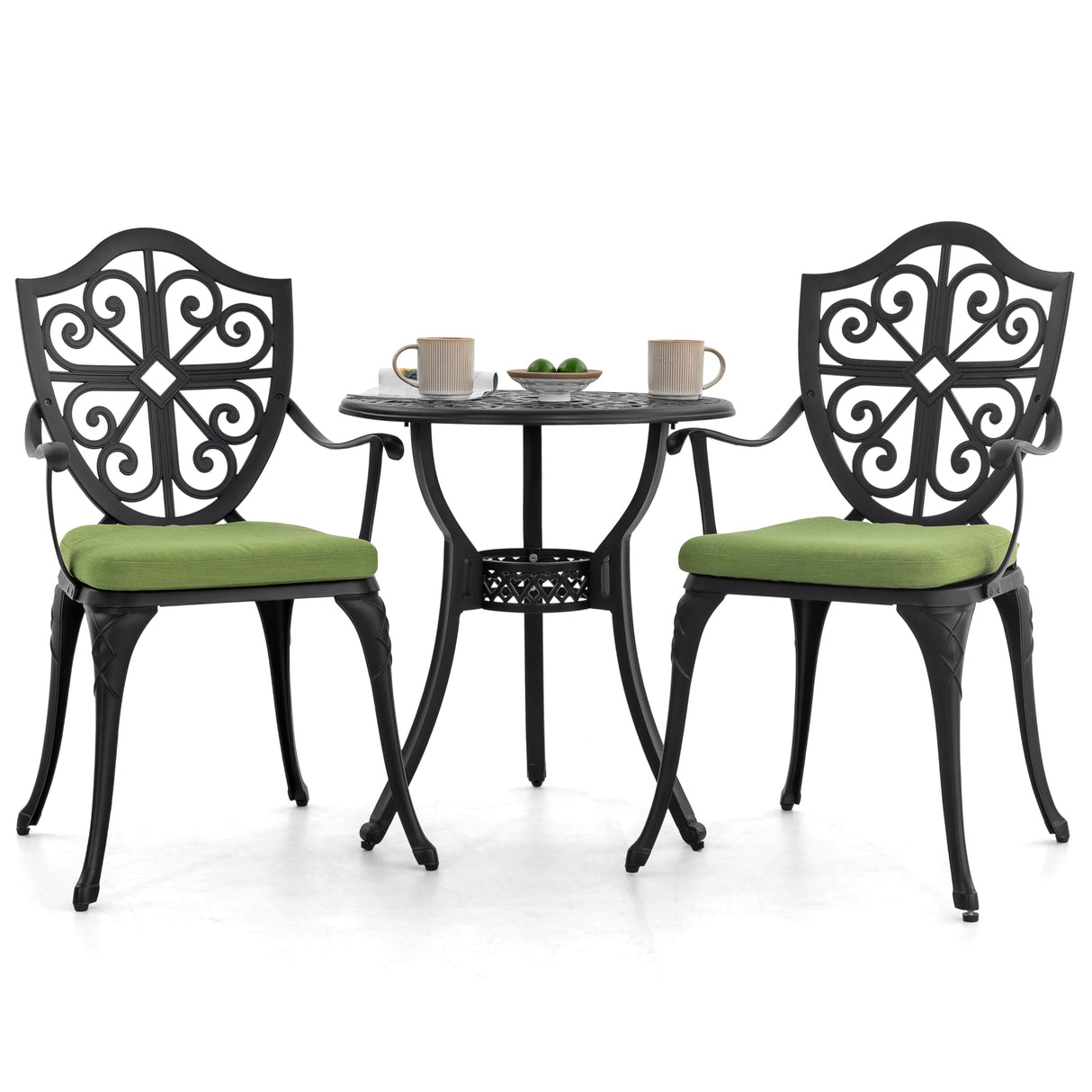 NUU GARDEN Outdoor 3-Piece Bistro Set with Cushions, Round 24 Inch Cast Aluminum Bistro Table with 2.17" Umbrella Hole, 2 Cast Aluminum Bistro Chairs, for Patio, Garden, Backyard and Balcony, Black NUU GARDEN