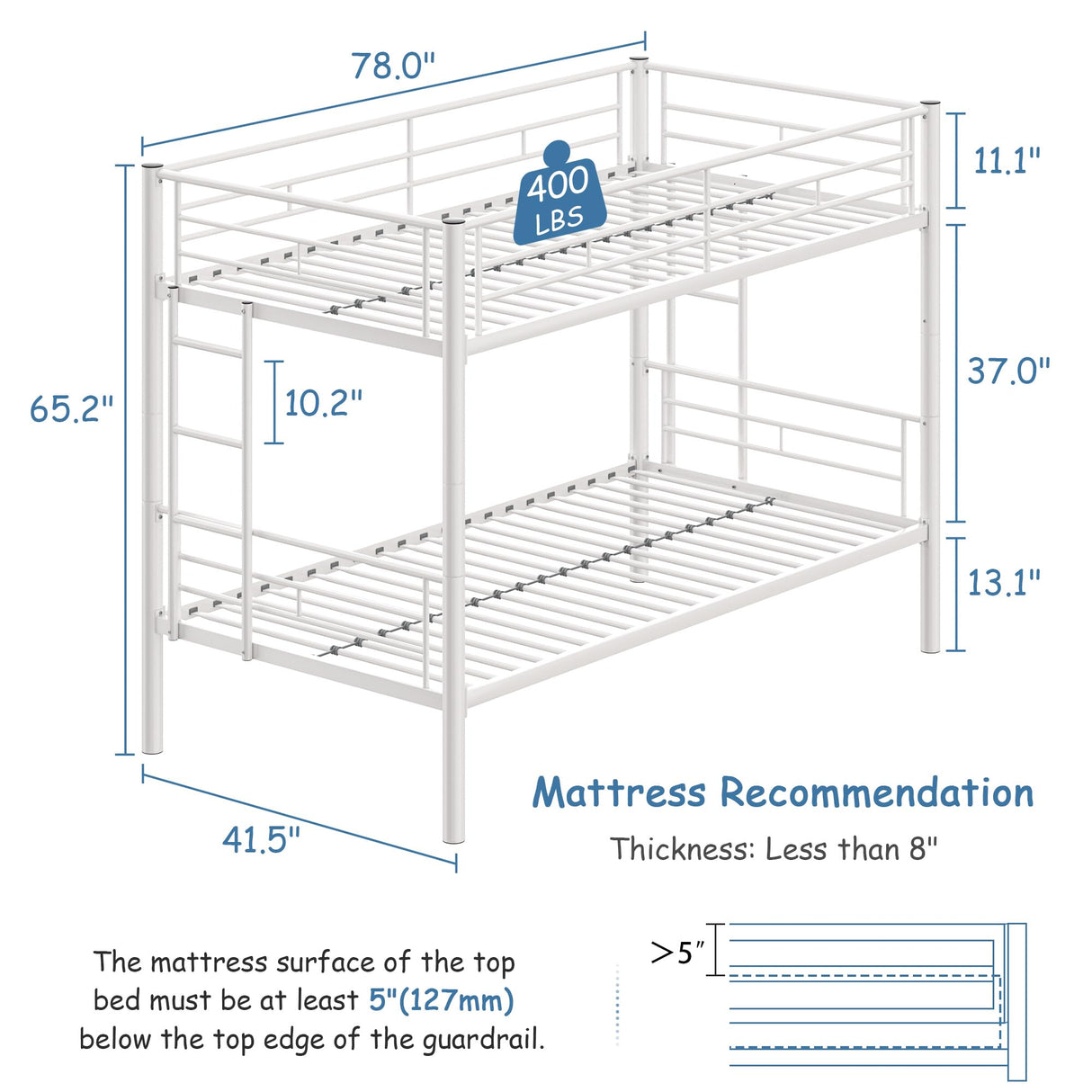 VECELO Twin Over Twin Bunk Bed with Built-in Ladder and Safety Guardrail, Heavy Duty Metal Bunkbeds, Space Saving, No Box Spring, White VECELO