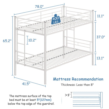 VECELO Twin Over Twin Bunk Bed with Built-in Ladder and Safety Guardrail, Heavy Duty Metal Bunkbeds, Space Saving, No Box Spring, White