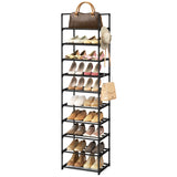 WEXCISE Narrow Shoe Rack 10 Tiers Tall Shoe Rack for Entryway 20 24 Pairs Shoe & Boots Organizer Storage Shelf Durable Black Metal Stackable Shoe Cabinet with Hooks, 17.1D x 11.8W x 78.7H in WEXCISE