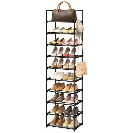 WEXCISE Narrow Shoe Rack 10 Tiers Tall Shoe Rack for Entryway 20 24 Pairs Shoe & Boots Organizer Storage Shelf Durable Black Metal Stackable Shoe Cabinet with Hooks, 17.1D x 11.8W x 78.7H in WEXCISE