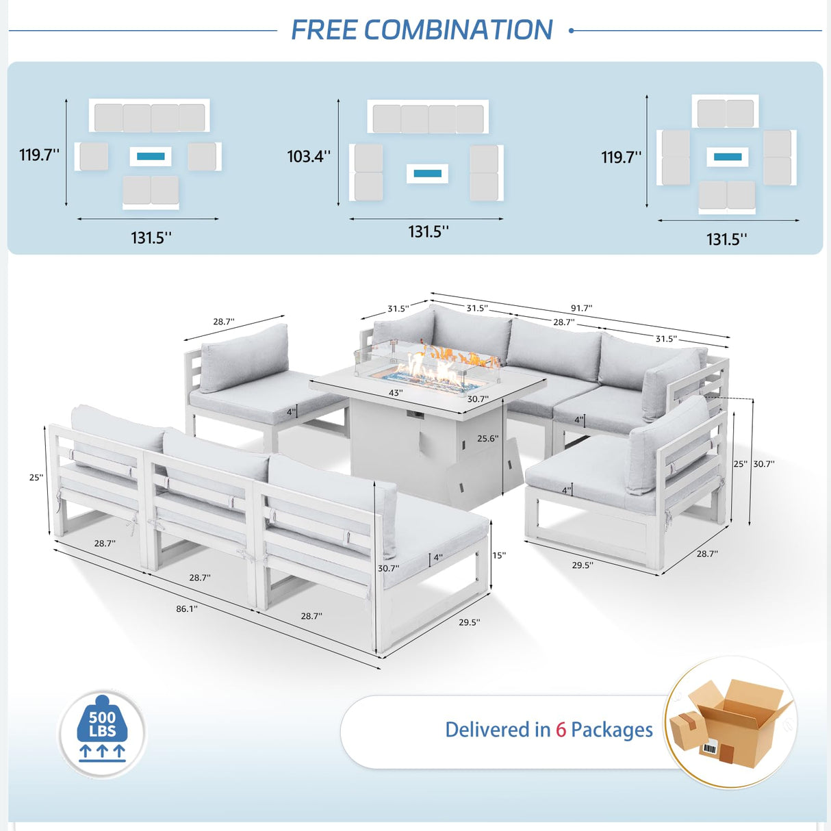 NICESOUL 9 Piece Luxury Aluminum Outdoor Sectional Sofa with Fire Pit Table, Oversized L Shaped Patio Furniture Set, 29" Deep Wide Seating, 500 lbs Heavy Duty Conversation Set for Backyard, Light Grey NICESOUL