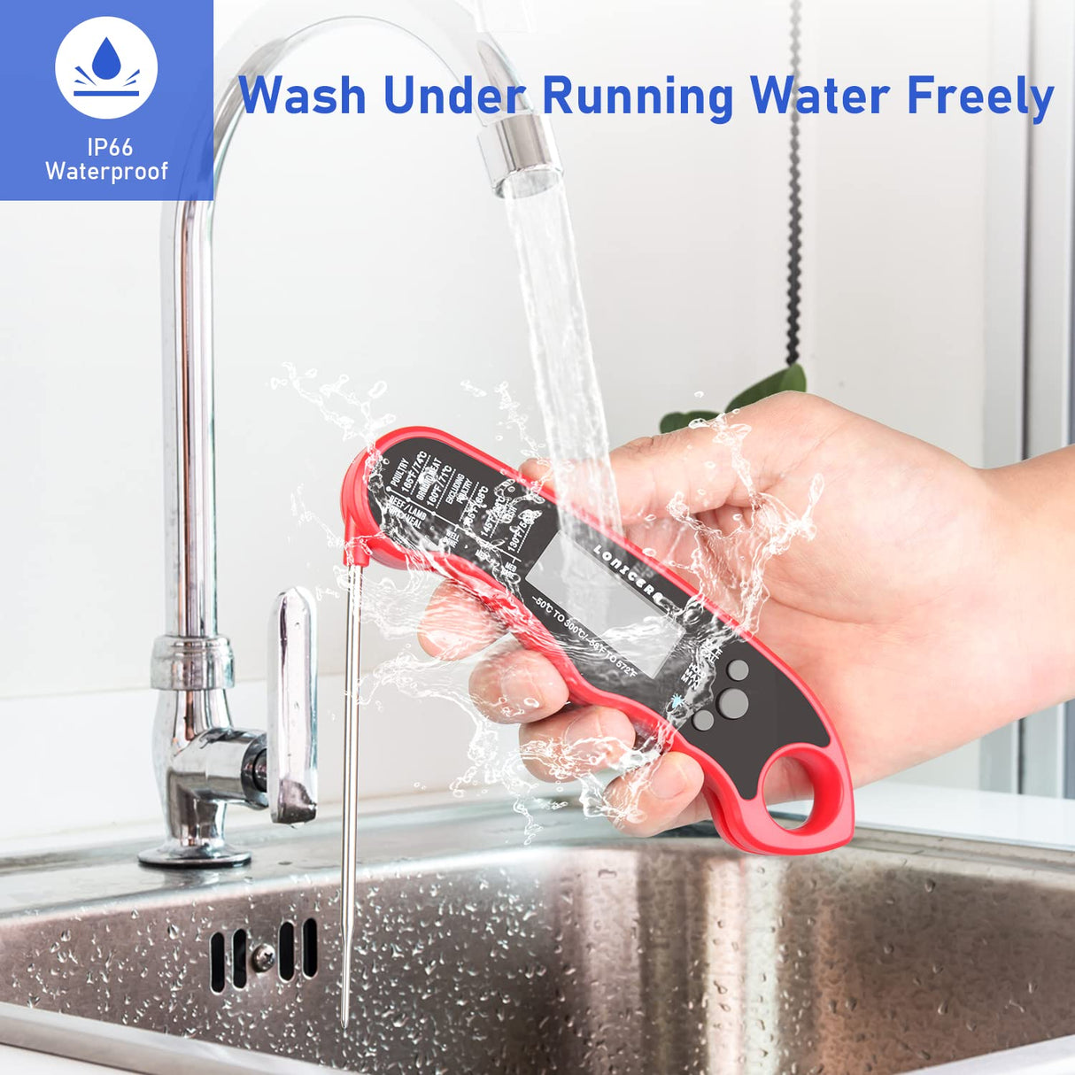 Lonicera Digital Meat Thermometer for Food Cooking. Waterproof & Instant Read for Kitchen Baking, BBQ. with Foldable Probe, Backlight & Calibration (Red) LONICERA