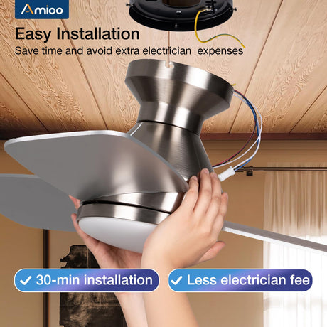 Amico Ceiling Fans with Lights, 52 inch Low Profile Ceiling fan with Light and Remote Control, Flush Mount, Reversible, 3CCT, Dimmable, Noiseless, Nickel Ceiling Fan for Bedroom, Indoor/Outdoor Use Amico