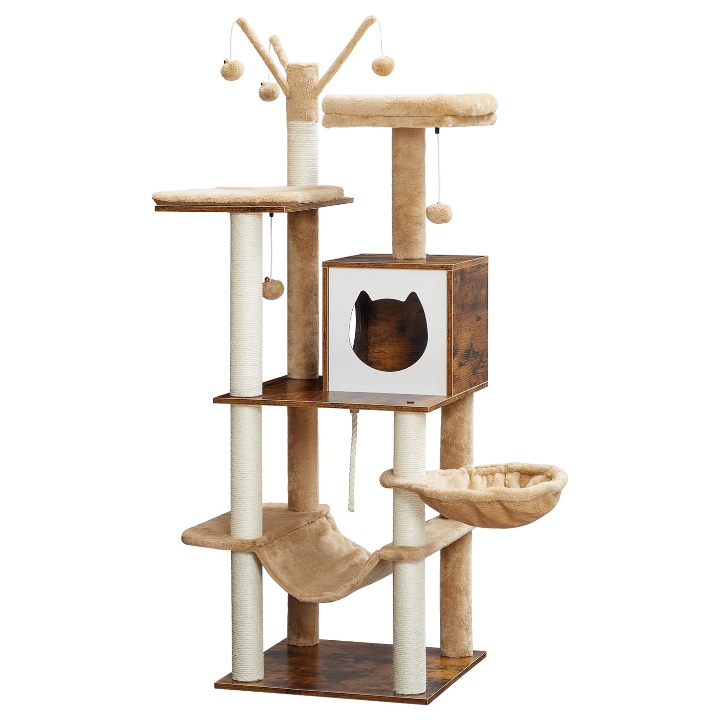 HOOBRO Cat Tree, 58.3 Inches Cat Tower for Indoor Cats, Wooden Cat House with 2 Cat Hammocks, Modern Cat Condo with Cat Scratching Posts, Cat Teaser Sticks, Soft Perches, Rustic Brown FG48CT0 - WoodArtSupply