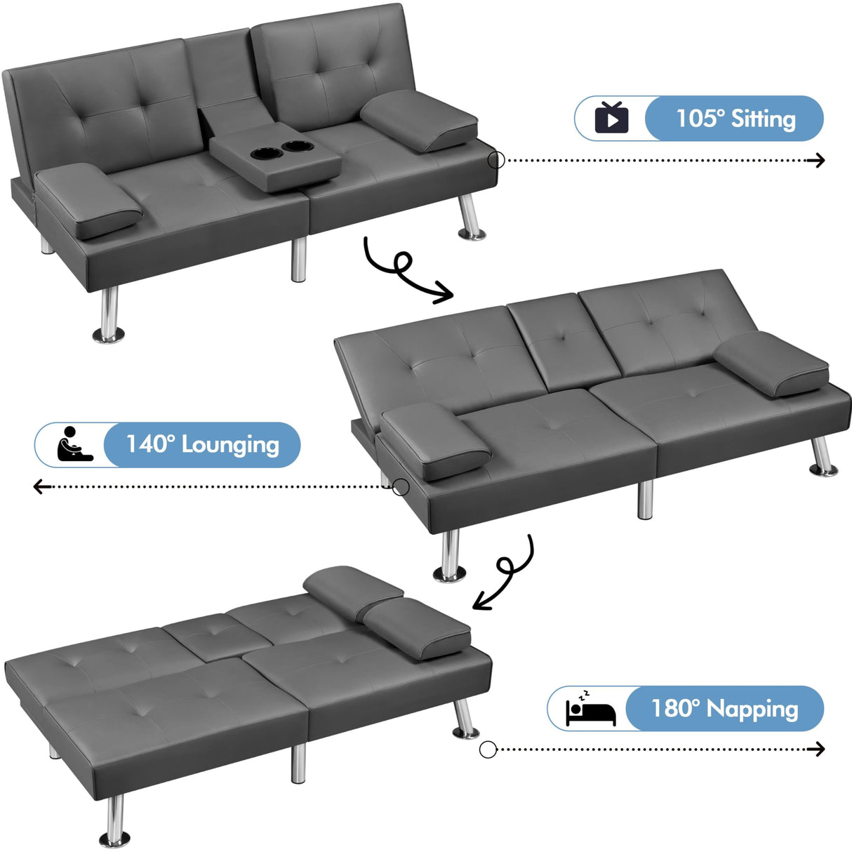 Yaheetech Convertible Sofa Bed Adjustable Couch Sleeper Modern Faux Leather Home Recliner Reversible Loveseat Folding Daybed Guest Bed, Removable Armrests, Cup Holders, 3 Angles, 772lb Capacity, Gray Yaheetech