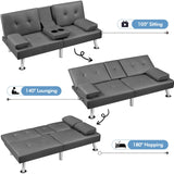 Yaheetech Convertible Sofa Bed Adjustable Couch Sleeper Modern Faux Leather Home Recliner Reversible Loveseat Folding Daybed Guest Bed, Removable Armrests, Cup Holders, 3 Angles, 772lb Capacity, Gray Yaheetech
