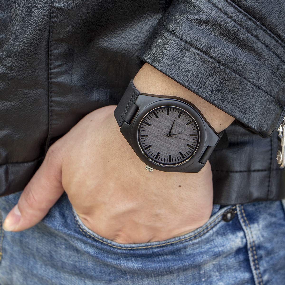 Engraved Custom Men Wood Watch,Analog Quartz Black Leather Handmade Sandalwood Natural Custom Wood Watch for Son Husband Anniversary Christmas Gifts (for Son from Dad) Kenon
