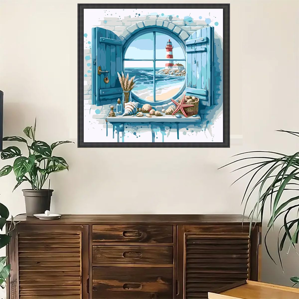 GEMFAMILY Beach Paint by Numbers Kit for Adults,Lighthouse Oil Painting Kit Adult Paint by Number Kits on Canvas,DIY Painting for Beginners Art by Numbers for Home Wall Decor 16x16 Inch GEMFAMILY