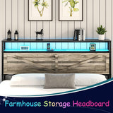 CHABUILDREARK Twin Bed Frame with Charging Station and LED Lights, Metal Platform Bed with Wood Storage Headboard, Rustic Barn Door Design, Noise Free, No Box Spring Needed, Wash Grey CHABUILDREARK