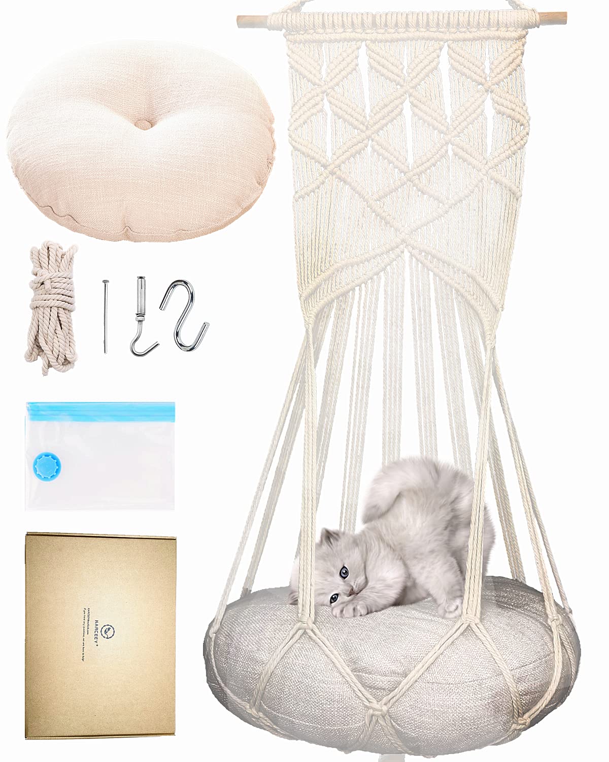 KARCEEY Macrame Cat Hammock,Macrame Hanging Cat Bed with Catnip Cushion and Hanging Kit (1.Macrame Hammock with Cat Bed) KARCEEY