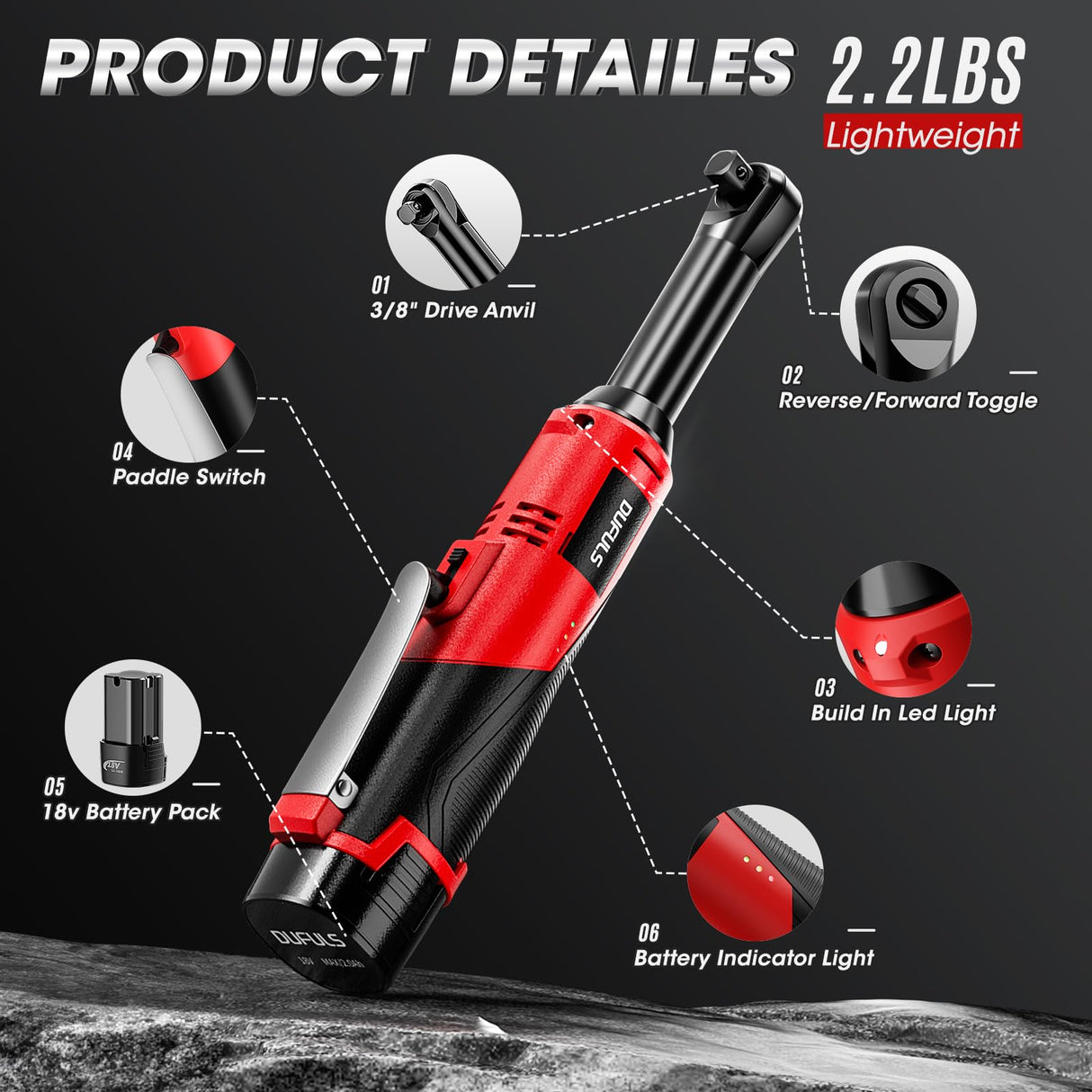 Dufuls 3/8" 18V Extended Cordless Ratchet Wrench, 550RPM 40 Ft-Lbs 4 Inch Electric Ratchet Driver with 2Pcs 2000 mAh Batteries & Charger, Battery Powered Ratchet Wrenches with 8 Sockets Dufuls
