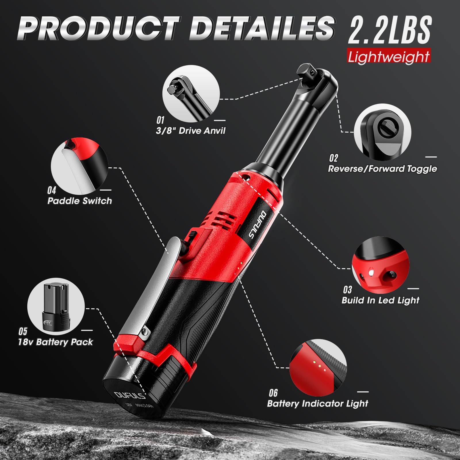 Dufuls 3/8" 18V Extended Cordless Ratchet Wrench, 550RPM 40 Ft-Lbs 4 Inch Electric Ratchet Driver with 2Pcs 2000 mAh Batteries & Charger, Battery Powered Ratchet Wrenches with 8 Sockets - WoodArtSupply