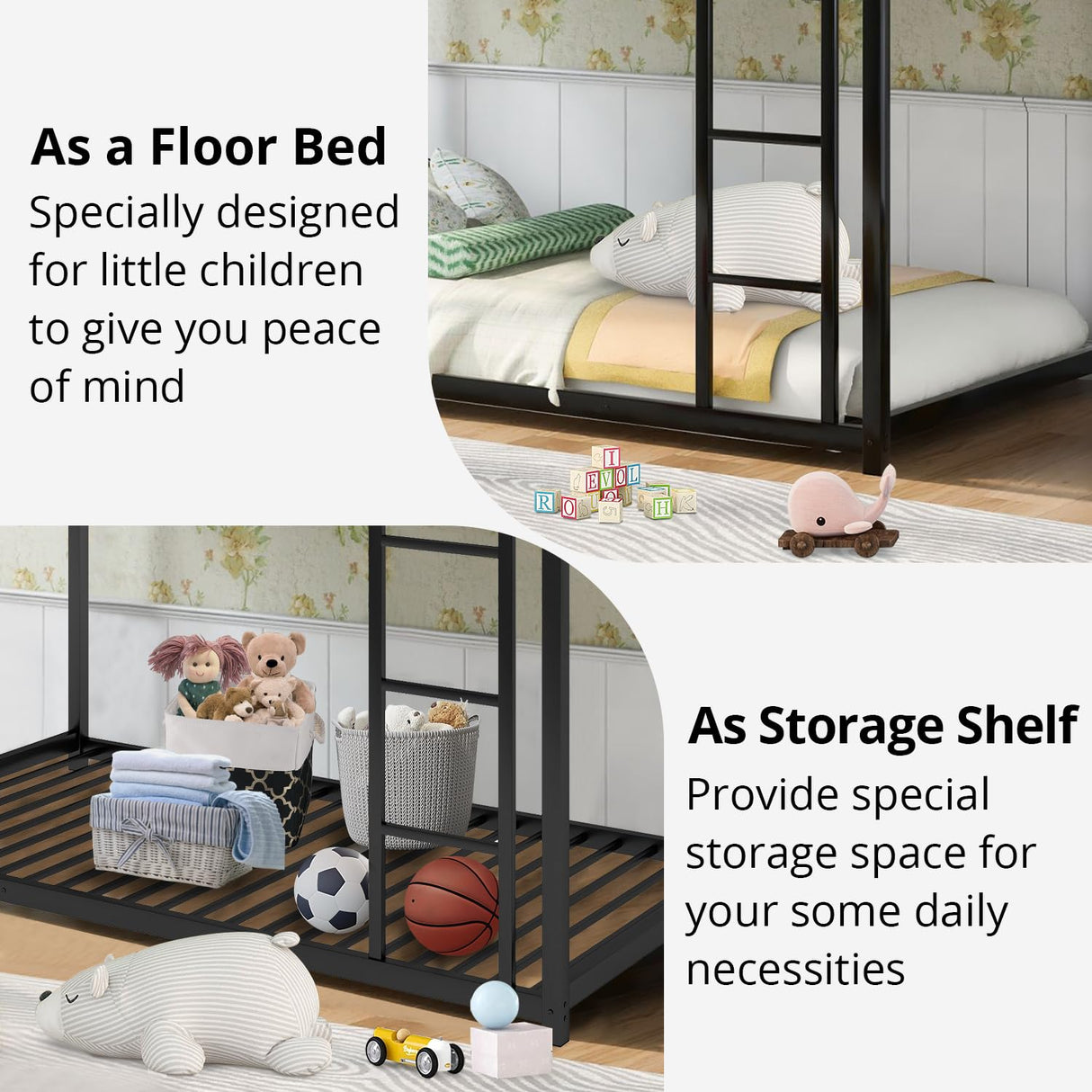 INCLAKE Twin Over Twin Bunk Bed, Heavy Duty Metal Bunk Bed Frame with Built-in Ladder and Safety Guard Rail, Low Bunk Bed for Teens Adults, Noisy Free & No Box Spring Needed, Black INCLAKE