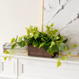 MyGift Vibrant Lifelike Artificial Plant Pothos Leafy Vine Greenery in Burnt Brown Solid Wood Rectangular Planter Box MyGift