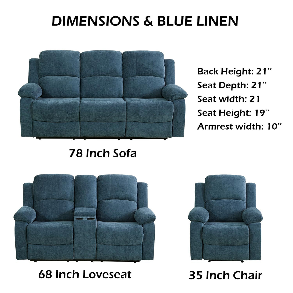 SIENWIEY Manual Recliner Sofa Set for Living Room, Reclining Couch Set with Cup Holders，3 Seats Sofa with Pull Down Coffee Table/2 Seats Loveseat with Storage Console/Single Chair（Blue Linen，3+2+1） SIENWIEY