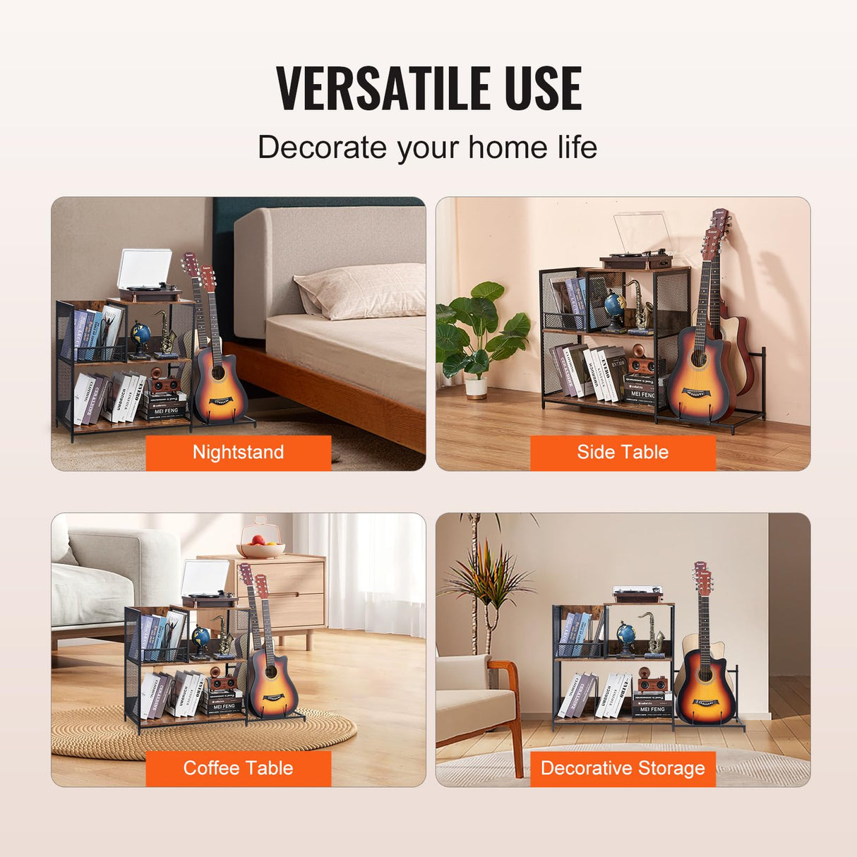 VEVOR 3-Tier Record Player Stand with Guitar Holder, Turntable Stand with Storage Holds Up to 300 Albums, Vinyl Record Cabinet with Metal Mesh Frame for Living Room, Bedroom, Black VEVOR