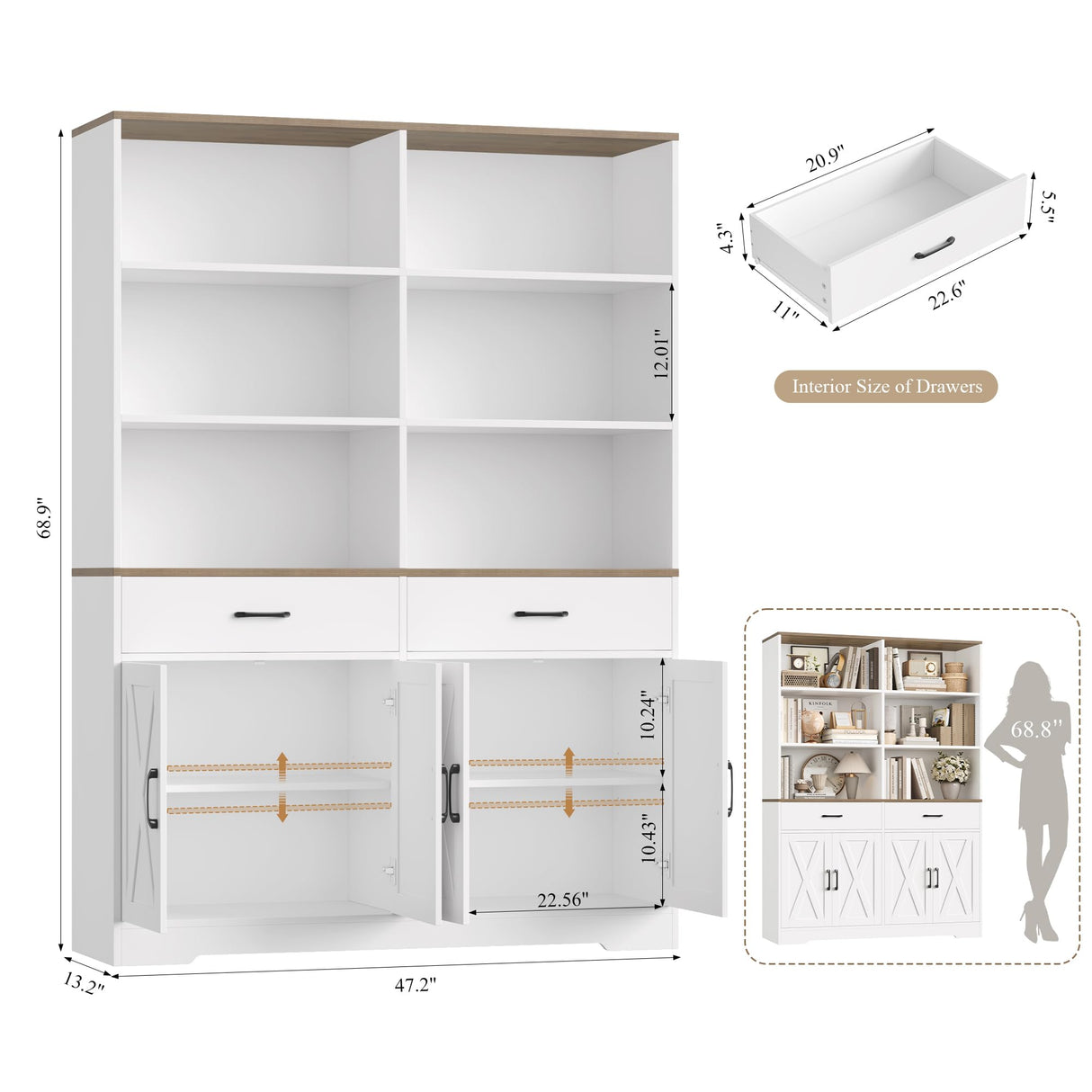 HOSTACK 69" Tall Book Shelf and Bookcase, 47" Wide Bookshelf with Doors and Drawers, 6 Tier Large Wood Bookcases with Storage Cabinet, Modern Farmhouse Display Shelf for Living Room, Office, White HOSTACK