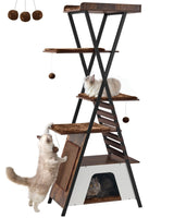 FourFurPets 72.4" Modern Cat Tower for Indoor Cats - Multi-Level Condo With Caves, Tall Tree With Scratching Board, Wooden Tower With Large Perch, Removable Pads, Rustic Brown FourFurPets