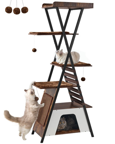 FourFurPets 72.4" Modern Cat Tower for Indoor Cats - Multi-Level Condo With Caves, Tall Tree With Scratching Board, Wooden Tower With Large Perch, Removable Pads, Rustic Brown