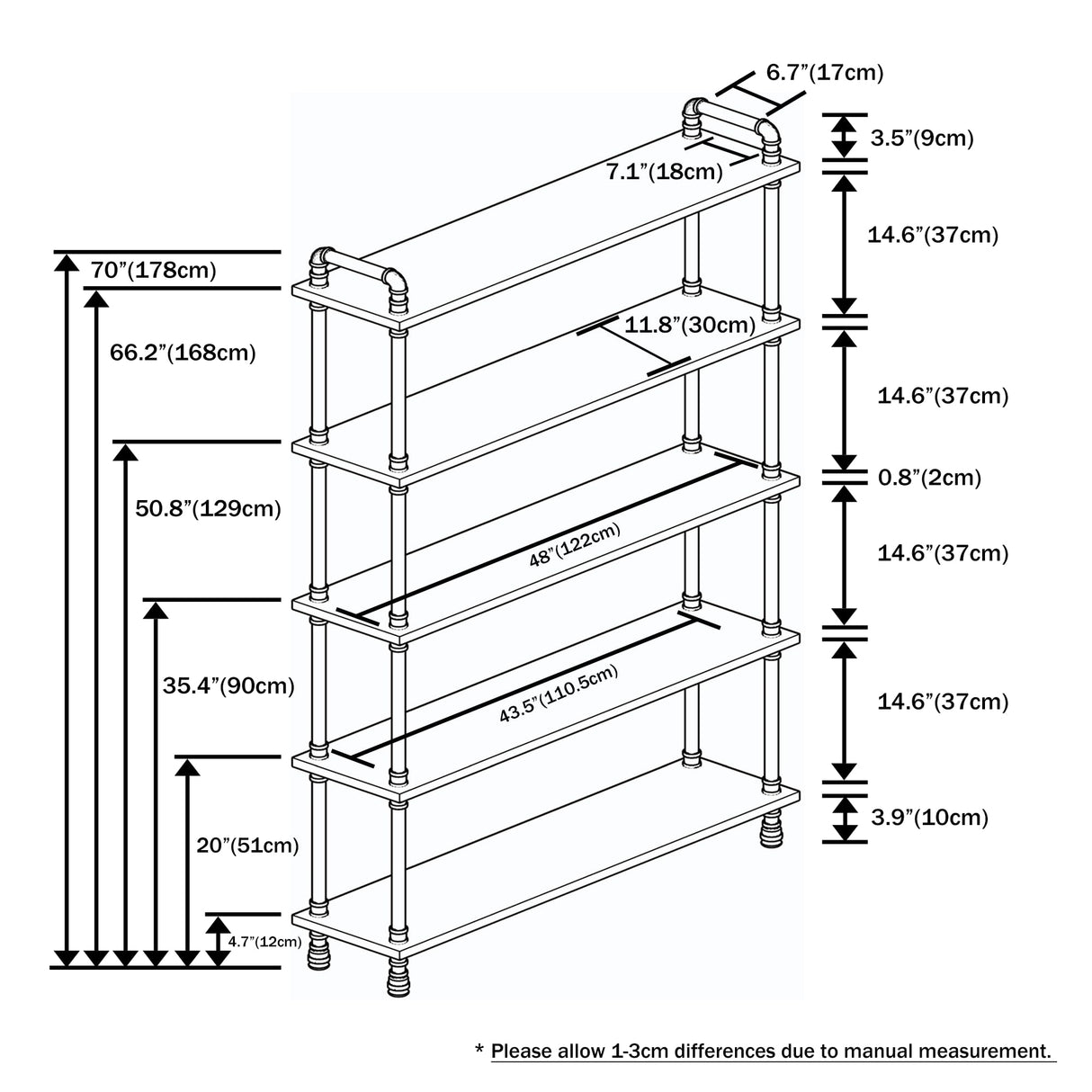 Anynice Industrial Bookshelf, 5-Tier Pipe Shelf, Wall Mounted Bookcase for Home and Office (Weathered Brown, 48" L x 11.8" W x 70" H) Anynice