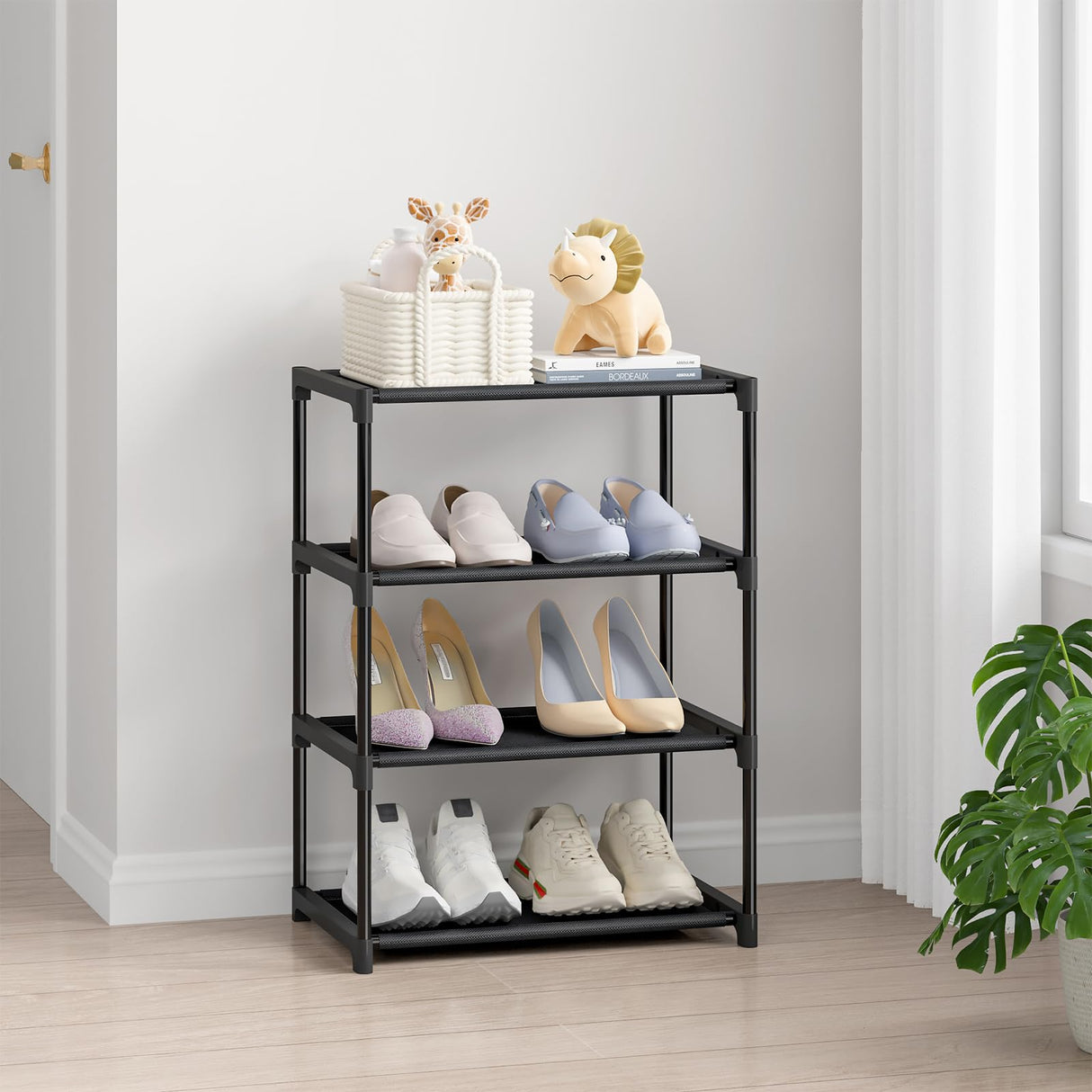 Autonomier 4 Tier Small Shoe Rack, Narrow Stackable Kids Toddler Adult Shoe Storage Organizer Shelf for Closet Floor Entryway Bedroom, Space Saver Shoe Rack Organization Shelves Autonomier