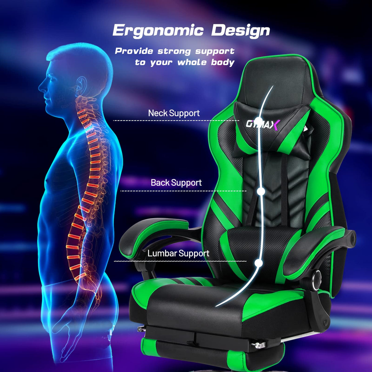 Green Gaming Chair Ergonomic Computer Chair for Adults Teens Reclining Gamer Chair High Back Game Chair Racing Style Desk Chair with Retractable Footrest, Lumbar Support and Headrest TOMANOR