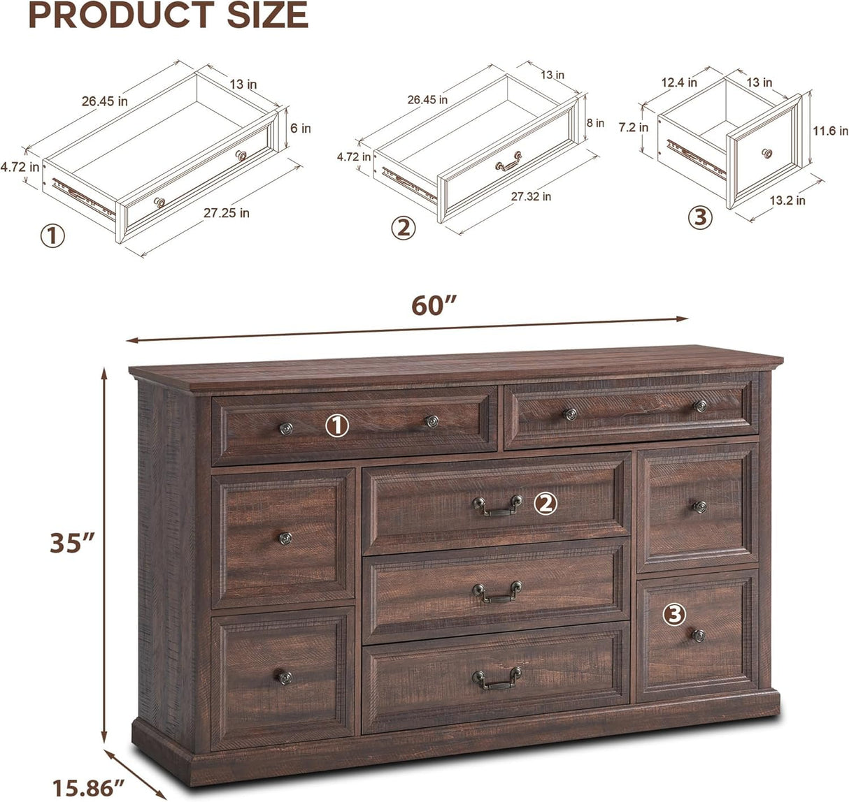 IFGET Farmhouse 9 Drawers Dresser for Bedroom, 60" Wide Wood Rustic Chest of Drawers, Large Storage Dressers Organizer for Bedroom, Living Room, Hallway, Dining Room-Brown IFGET